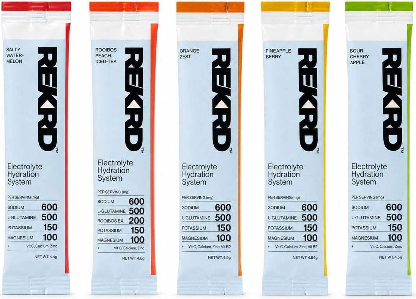 The five REKRD flavours — Salty Watermelon, Rooibos Peach Iced-Tea, Orange Zest, Pineapple Berry and Sour Cherry Apple — each stick printed with its per-serving amounts
