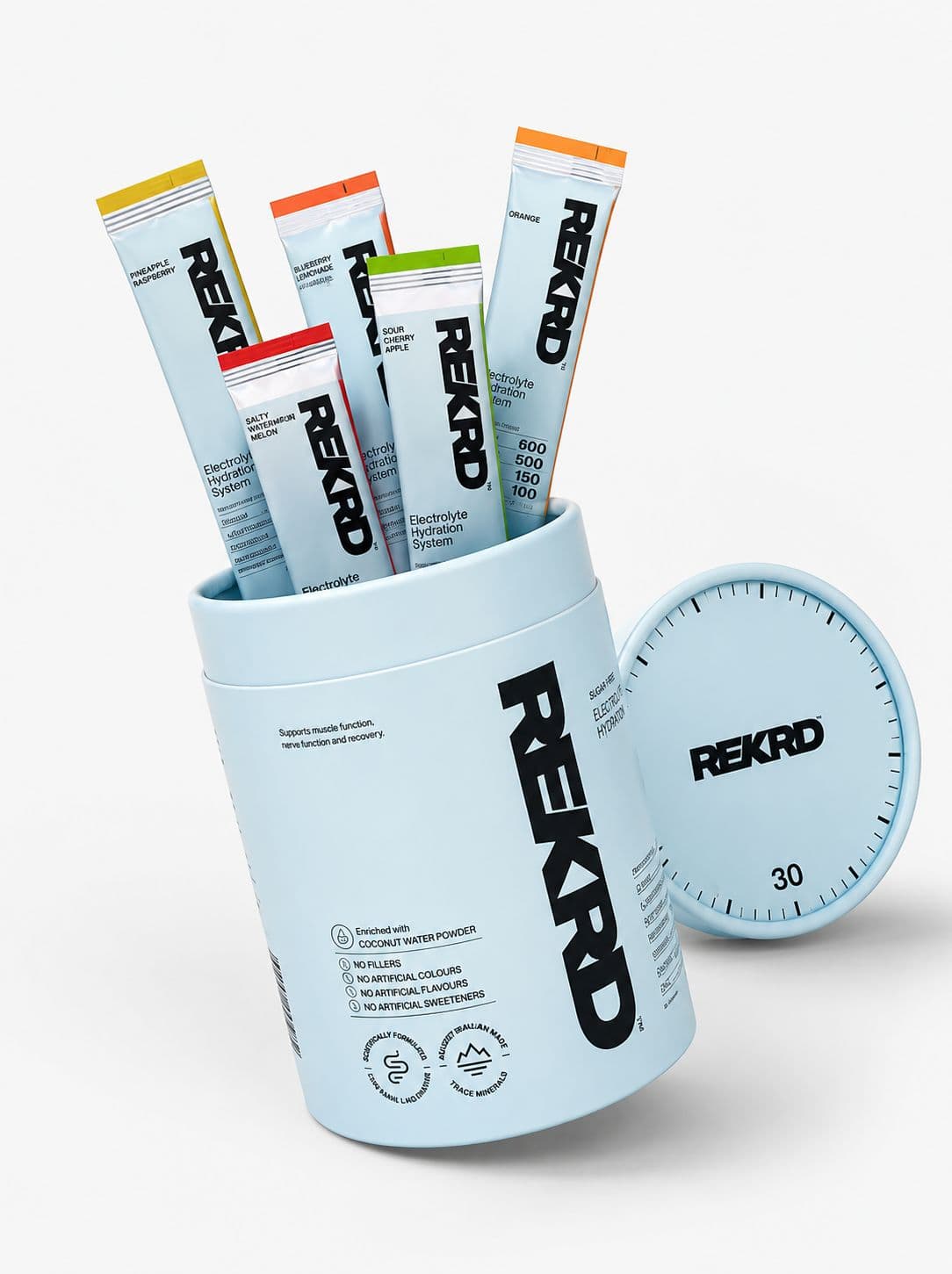 A REKRD tube of 30 electrolyte sachets with five flavour sachets standing in it